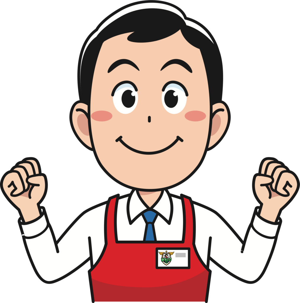 Personaje animado sonriente con delantal rojo y credencial Wazo.CL levantando los puños